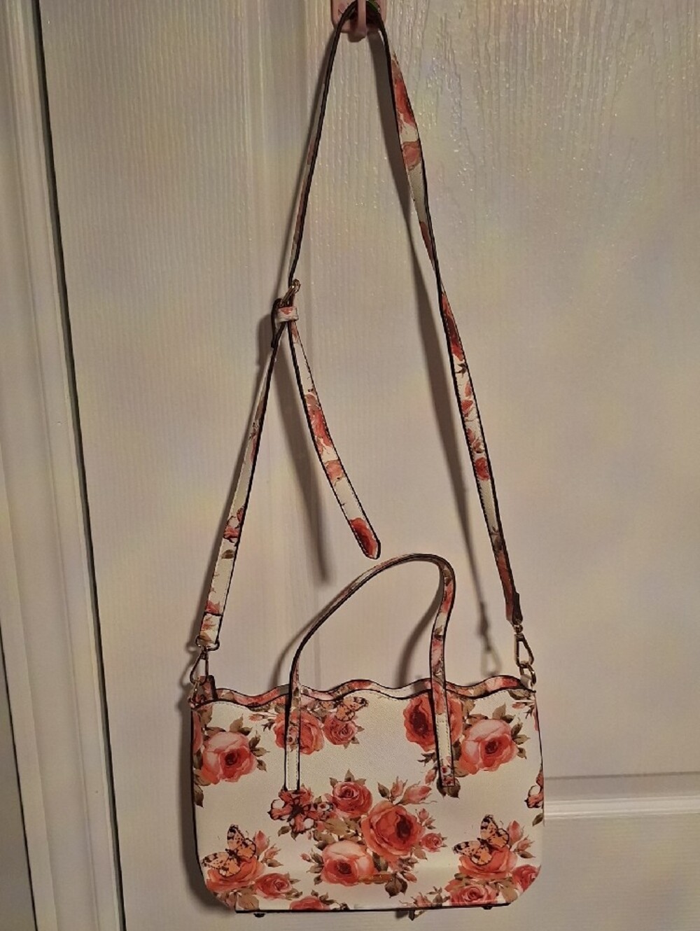 Aldo Floral Rose Print Satchel - White and Peach - Picture 6 of 8